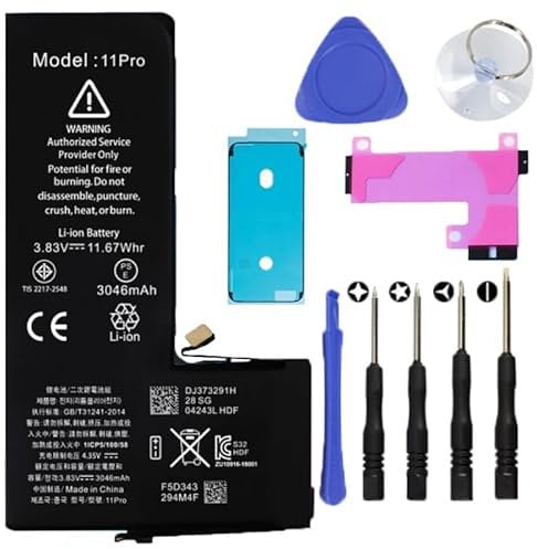 Batt- IPhone 11 Pro Battery Replacement Kit Including Water Proof Sticker, Screwdriver, Suction Cup, Pry Tool - DIY Smartphone Repair, Professional Battery Replacement Accessories (3046 mAh)