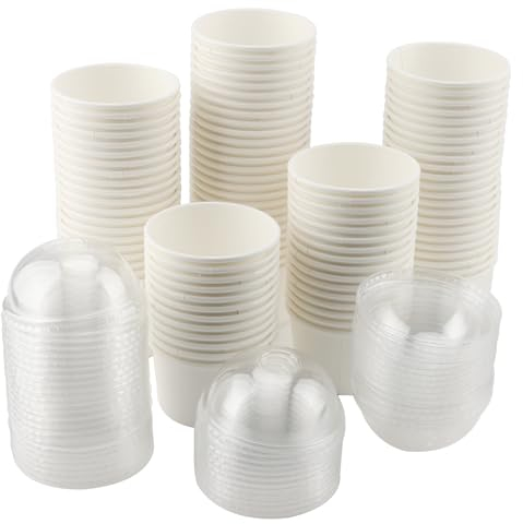 DAKFOOK 100 PCS 200ml Paper Ice Cream Cups, 7oz Disposable Dessert Cups with Dome Lids, White Paper Ice Cream Tubs Takeaway Containers for Soup, Sundae, Frozen Yoghurt