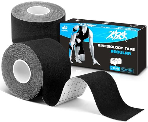 AnjoCare Kinesiologie Tape(Uncut), elastische therapeutische Sportbänder für Muskeln und Gelenke, Physio Tape für Schulter, Knöchel, Ellenbogen und Knie Support(2 Rollen 5M x 5CM)Schwarz