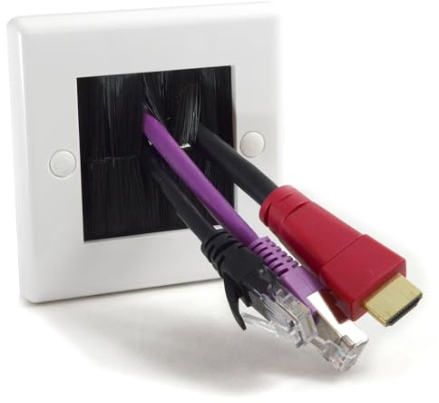 White Faceplate Cable Brushplate with Integrated Black Brushes in Rounded Single Gang Faceplate