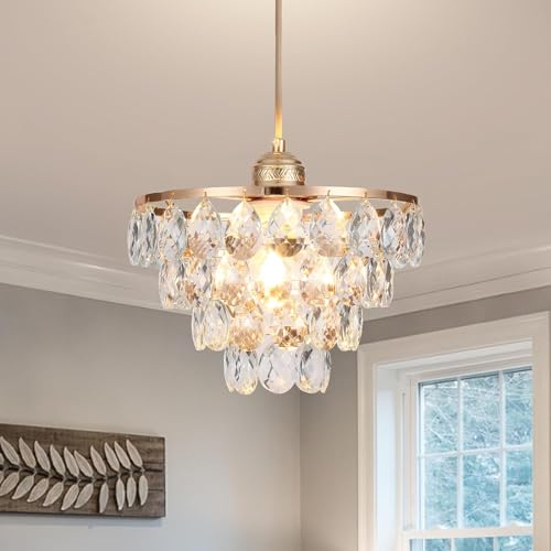 GHiycotdl Kristall Deckenleuchte Mini,E27 HöHenverstellbar Kronleuchter Pendelleuchte,Gold Moderne Deckenlampe Kristall,Für Schlafzimmer Flur Wohnzimmer(Gold)