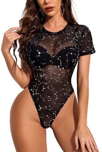 Avidlove Body modellante da donna Elegante ricamo Top in pizzo Body sexy in rete trasparente Body snellente Camicie a maniche corte Constellation M