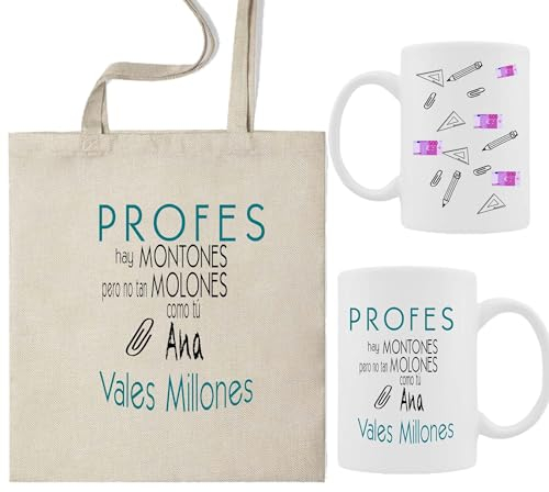 Pack taza profe + bolsa de tela, kit regalo fin de curso para la profe, bolsa de tela con taza, regalo fin de curso profesores, infantil, secundaria (Pack Profe vales MILLONES Personalizado)