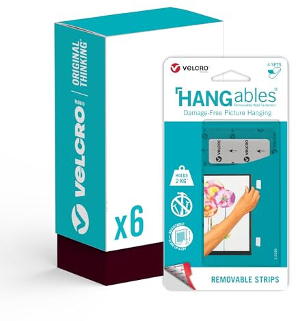 VELCRO Brand - HANGables Picture Hanging Strips - 6 Packs of 4 Sets - 19mm by 44mm Strips - Damage Free Picture Hanging for Pictures, Mirrors, Wall Décor - 4 Sets Hold 2kg - Hang up to 6 Pictures