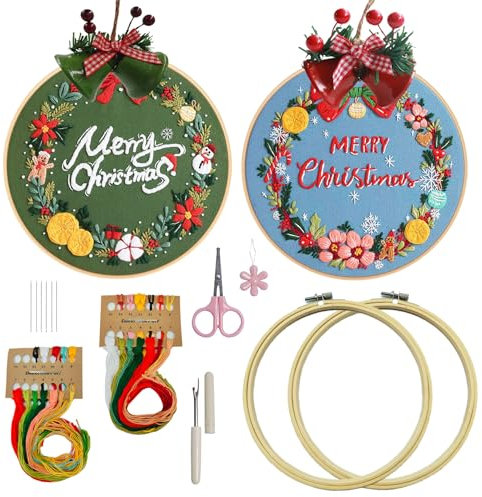 Huimai Stickset Weihnachten 2 Stück Anfänger Stickerei Set Erwachsene mit 2 Stück Bambus Stickrahmen, Anleitung und Werkzeuge, Embroidery Kit für DIY Bastelset(Weihnachts-Girlande / 2 Stück)