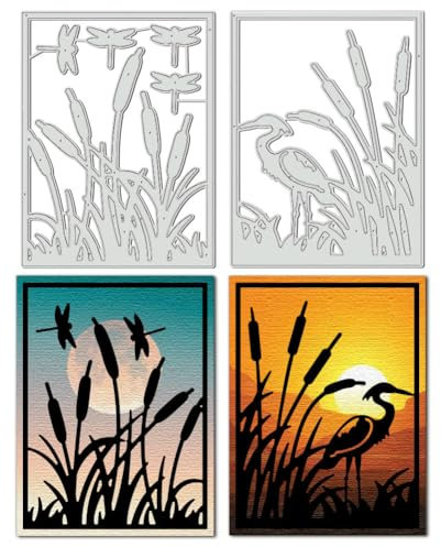 BENECREAT 2Pcs Schilfgras Rahmen Schneiden stirbt, Dämmerung Egret Mond Libellen stirbt schneiden Schablonen, Metall-Prägung Vorlage für DIY Scrapbooking, Fotoalbum, dekorative Prägung Papier Karte