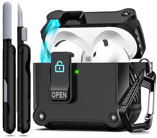 RFUNGUANGO Custodia compatibile con AirPods 4th con clip di blocco di sicurezza, custodia pop-up automatica, custodia protettiva rigida antiurto per tutto il corpo,Nero