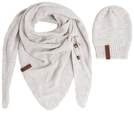 KNIT FACTORY - Damen Winter Set - Coco Dreiecksschal & Coco Mütze - Winterschal und Wintermütze - Strickschal mit Strickmütze - Gefertigt aus 30% Wolle und 70% Polyacryl - Beige