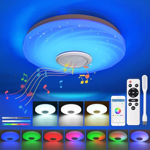 Lampara Techo LED Regulable 36W Plafon RGB con Altavoz Bluetooth Candeeiro Teto Quarto Luz + LED USB Juveniles Dormitorio Habitacion Salon Modernas Luces Musica ilink Colores, con Mando y APP, Ø28CM