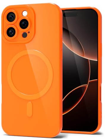 Svanove for iPhone 16 Pro Phone Case Silicone Magnetic, Compatible with Magsafe Case Cute for Women, Girly Bright Color Glossy Jelly Thin Slim Hard Mag Safe Rubber & Camera Cover, Neon Orange