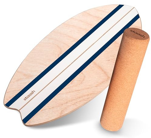 STAASH® Balance Board Holz – Pro Gleichgewichtstrainer inkl. Schutzmatte, Rolle, Halbkugel, Korkball & VIDEOKURS – Indoor-Surfen & Skaten – Balance Board Kinder & Erwachsene (Blau starter kit)