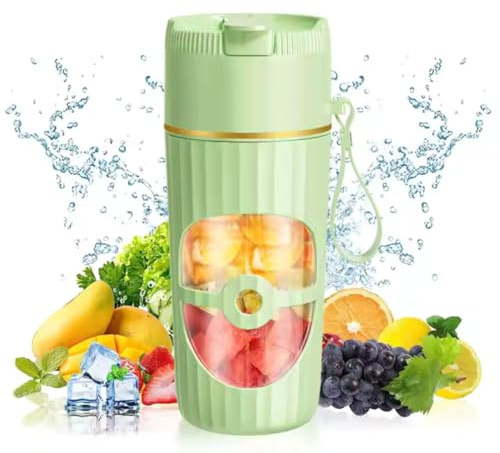 Tragbarer Mixer kabellos Smoothie Maker To Go elektrisch mini Entsafter 450ml USB-C Anschluss wiederaufladbar Blender Glas+PP 6 scharfe Edelstahlklingen Standmixer für unterwegs, Trinkhalm (Grün)