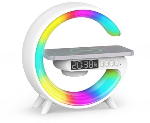 Smiling Shark Lichtwecker, Intelligente Wecker Licht Atmosphärenlicht 10 Modus mit Kabelloses Ladegerät & Bluetooth Lautsprecher Taste Steuerung Sonnenaufgang Licht Wecker für Wohnzimmer