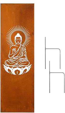 D&L Lasertec Edelrost Garten Sichtschutzwand Metall Buddha 160 x 50cm Gartendeko Gartenzaun inl. Bodenanker (Größe 150 x 60cm)