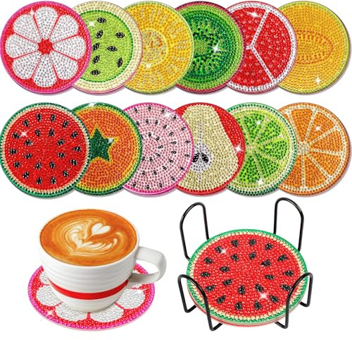 SOSMAR 12 Stück Diamond Painting Untersetzer, Obst Frucht Diamant Malerei Untersetzer DIY Set mit Halter Glasuntersetzer Tassenuntersetzer für Tassen, Gläser und Getränke