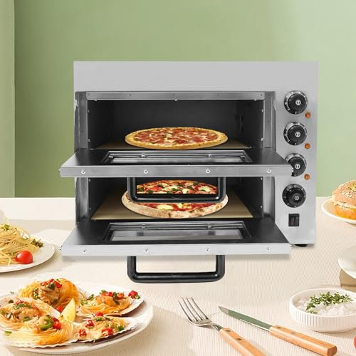 Profi Elektrisch Pizzaofen, Edelstahl Doppel Kammer Pizzamaker Elektrischer Brotbackofen für Pizza 12-14, Temperatur bis 350°C, Timer bis 60min, 57 * 47.5 * 44cm