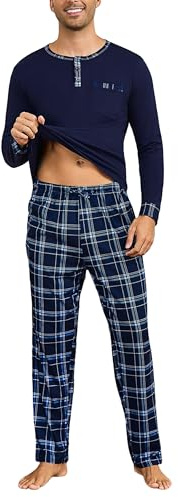 Litherday Pyjama Homme Hiver Coton à Manches Longues Vêtements De Nuit pour Hommes Deux Pièces Pantalon et Haut à Carreaux Bleu Marine 2 M