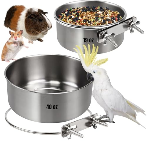 2 Sizes Feeder Bowls with Net Clamp for Cage Detachable Stainless Steel Feeding Bowl for Guinea Pig Hamster Rabbit Chinchilla, Parrot, Cockatiel, Conure, Budgies, Parakeet, Small Animals（Size M&L)