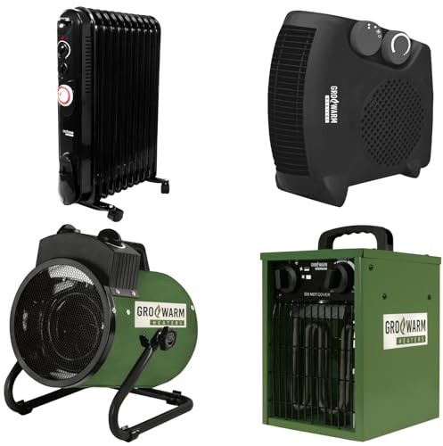 GroWarm Heaters - Oil Filled Radiator 2500W with Timer | Industrial Heater 2kW & 3kW | Portable Heater 2kW | Thermostat, Overheat Protection, Indoor Heating (Industrial Fan Heater 2KW)