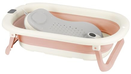 Babybadewanne Faltbar mit Standfuß & Thermometer – Baby Wanne Ergonomisch, Platzsparende Badewanne für Zuhause & Reise(Rosa)