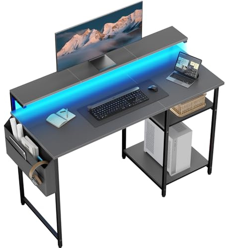SOLAVERO LED Mesa Escritorio con Soporte de Monitor, 120 x 48 cm, Gris | Mesa Ordenador Pequeña con Bolsa de Almacenaje, Estante Ajustables, para Oficina en Casa, Estudio y Juegos