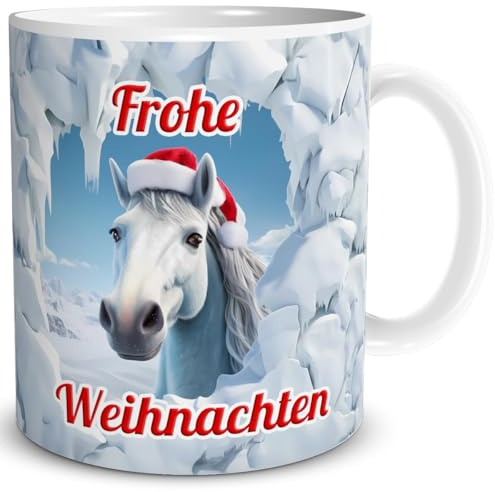 TRIOSK Weihnachtstasse 3D Illusion Pferd mit Spruch Frohe Weihnachten - Lustiges Becher-Durchbruch Geschenk für Pferdeliebhaber, Reiter, Frauen & Mädchen - Keramik-Tasse 300 ml