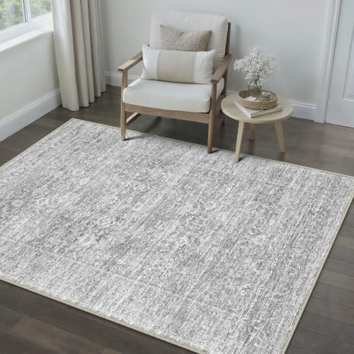 PureCozy Vintage Teppich Wohnzimmer 80x150cm Grau Waschbar Groß Teppiche | Retro Teppich,Waschbar,Rutschfest,Weich Kurzflor,für Schlafzimmer,Esszimmer,Büro Rug