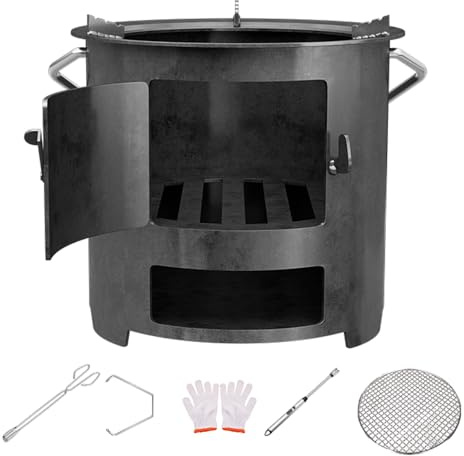 Estufa de Leña Multifuncional con Parrilla para Acampar Al Aire Libre, Estufa de Pellets Pequeña para Tienda de Campaña para Mochileros, Senderismo, Camping, Wok y Olla(30x26cm/12x10in)