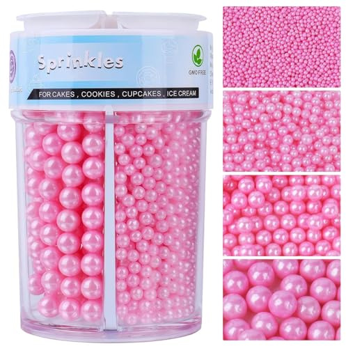Perle Commestibili Rosa per Decorazioni (130g) - Perle di Zucchero in 4 Misure per Torte, Cupcake, Biscotti & Altro - Ideali per Matrimoni, Compleanni, Natale e Halloween, Pearl Sprinkles