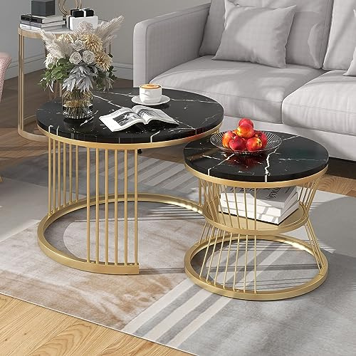 okwish Couchtisch rund 2er Set mit Stauraum - Moderner Beistelltisch für Wohnzimmer/Balkon/Büro - Schwarzes MDF-Tischplatte & Goldenes Metallgestell