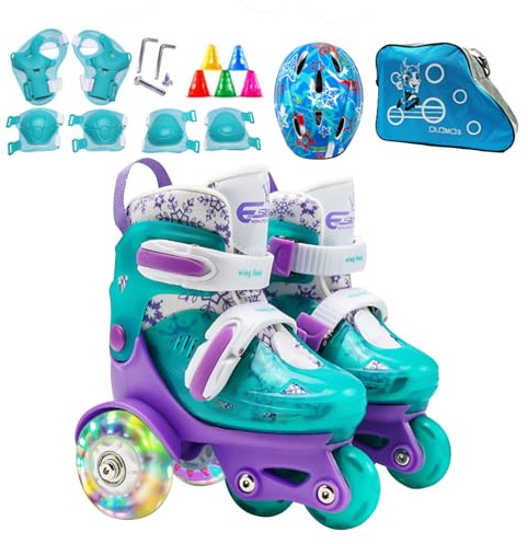 Rollschuhe für Kinder – 4 verstellbare 27 – 34 mit Blitz, Schutz-Set für Knieschützer, Ellbogen, Helm, Tasche und Hindernisse, ideal für Kinder und Anfänger von 3-8 Jahren