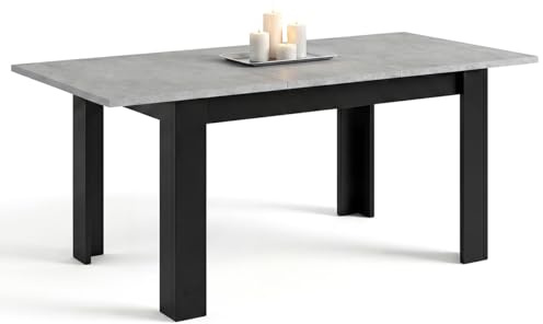 duehome | Mesa de Comedor Extensible, Mesa Rectangular, Modelo Sira, Acabado en Negro Mate y Gris Cemento, Medidas: 140-190 cm (Largo) x 90 cm (Ancho) x 78 cm (Alto)