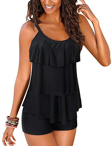 DOULAFASS Women Ruffle Tankini Set with Boyshort 2 Piece Plus Size Swimsuit Swimwear for C-D Cup Black