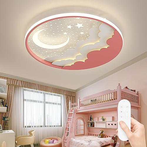 Kinderzimmerlampe LED Dimmbar Deckenleuchte Modern Stern Mond Deckenlampe Dimmbar mit Fernbedienung Deckenlicht für Junge Mädchen Schlafzimmer Kindergarten Wohnzimmer Deko Decke Lampe (Pink,50CM)