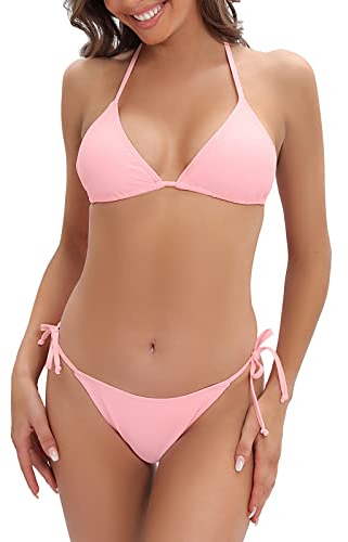 Halcurt Damen Badeanzüge Bikini Sexy Slide Zweiteiler Triangel Bikini Set Rosa S