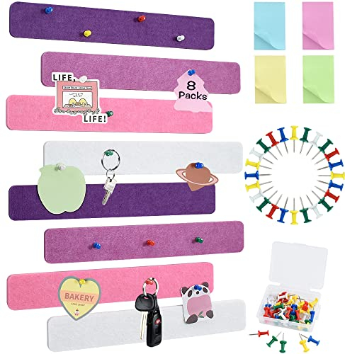 Vuzvuv 8 Stück Lila Rose Pinnwand Bar Streifen Korkplatte,Kleine Filz Pinnwand Selbstklebend mit 50 pushpins und Haftnotizen für Foto Hängen,Bulletin Tafeln Heimdekoration Wanddeko für Notizen Büro