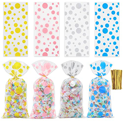 Polka Dots Zellophantüten 100 Stück durchsichtige Leckerlitüten Kunststoff Weihnachtstüten Cellotüten mit 100 Stück Bändern für Leckereien Kekse Nüsse Hochzeit Geburtstag Gastgeschenke (4 Muster)