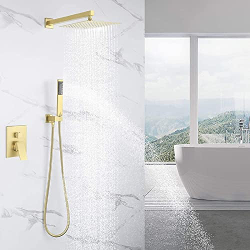 XJTNLB Grifo Ducha Empotrado Dorado Cepillado Columna Ducha Monomando con Alcachofa de Ducha de Mano