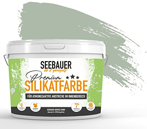 SEEBAUER diy Silikatfarbe Hellgrün 5L für Innen (No. 766 Ocean Grass) Atmungsaktive Mineralfarbe für Allergiker - Abwaschbare Wandfarbe - Grüntöne hohe Deckkraft