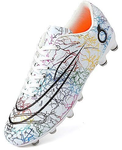 Dhinash Boys' Football Boots Kids Astro Turf Trainers Spikes Football Shoes Girls Cleats Soccer Shoes Junior Sports Shoes Outdoor Athletic Sneakers Unisex White 1UK