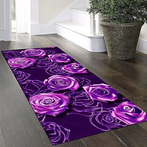 Yinghesheng Teppich Läufer Flur Küche Waschbar rutschfest 80x320cm,3D Rosen Muster Lila und Dunkellila Lang Küchenteppich Flurteppich Teppich Fur Korridor Wohnzimmer Schlafzimmer Meterware Anpassbar
