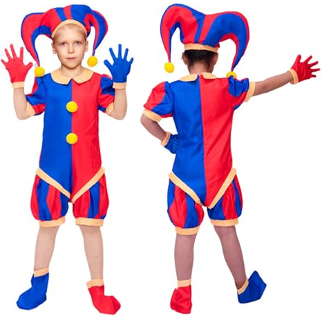 XehCaol Pomni Kostüm, Clown Kostüm Kinder lustiges Erstaunliches Digitales Zirkuskostüm Inklusive Hut Handschuhe Hosen Socken Cosplay Requisiten (Kids, 10-11years)