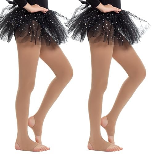 MANZI 2 Paar Mädchen Ballett Strumpfhosen 40 Denier Convertible Fuß Steigbügel Tanz Strumpfhosen für Mädchen Leistung Kandierte Haut M 7-10 Jahre