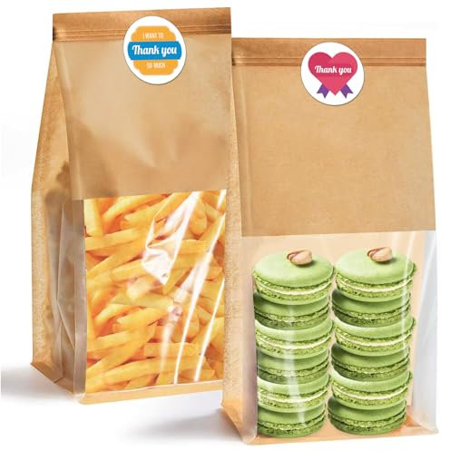 50 Pack Kraft Paper Bread Bags with Clear Window, 11 x 5.1 x 3.9 Bakery Bags Tin Tie Tab Lock Treat Bags Kraft Bread Pouches for Packaging Breads, Cookies, Treat, Pastry