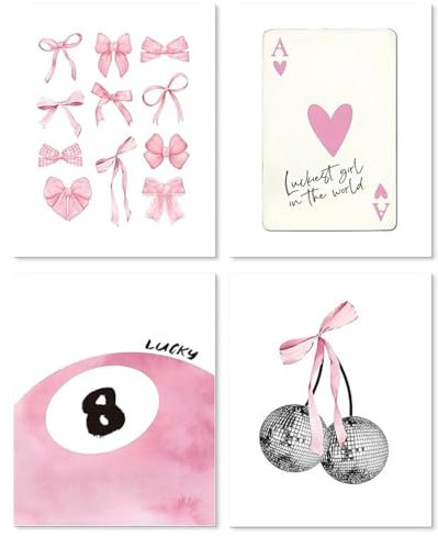 Gerahmte Rosa Adrette Wanddekoration, Kokette, Adrette Raumdekoration, Rosa Schleife, 8 Kugeln, Discokugel, Kirsche, Wanddekoration, Poster FürTeenager, MäDchen, Schlafsaal, Schlafzimmer (Gerahmte)