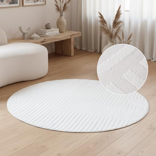 TAPISO Hygge Rund Teppich Kurzflor Creme Weiß Geometrisch Kreise 3D Effekt Teppich für Wohnzimmer Schlafzimmer Flur Wohnzimmerteppich Moderner Design ÖKOTEX 120 x 120 cm