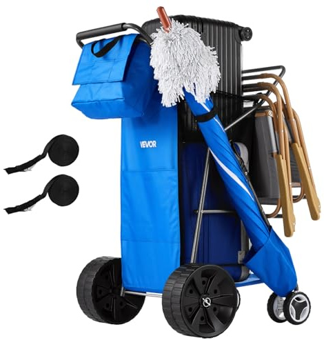 VEVOR Carro de Playa con Ruedas Macizas, Carrito Plegable Capacidad de Carga de 75 kg, con Bolsa Térmica, Soporte para Sombrilla, Marco de Acero, para Camping, Pesca, Eventos Deportivos, Picnics