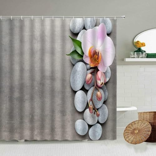 PUOJIEAT Duschvorhang 300x200 Orchidee, Duschvorhang Anti-schimmel Kieselsteine 3D Duschvorhänge Waschbar für Badezimmer Badewannen mit 12 Ringe 1386-ZU