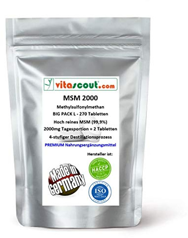 MSM - Methylsulfonylmethan - 270 Tabletten - 2000mg Tagesportion (=2 Tabletten) - 99,9% Reinheit - LABORGEPRÜFT - MADE IN GERMANY - hochdosiert