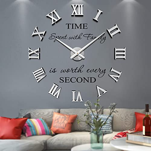 Mintime Rahmenlose 3D DIY Wanduhr XXL Stumm Spiegel Aufkleber Home Office Schule Dekoration (Silber-87)